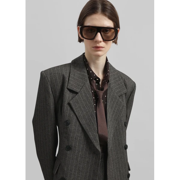 The Frankie Shop Tenby Striped Cinched Blazer - Brown Melange - Oversized Minimalist Jackets in Beige - Shop at Luxury Shoes 