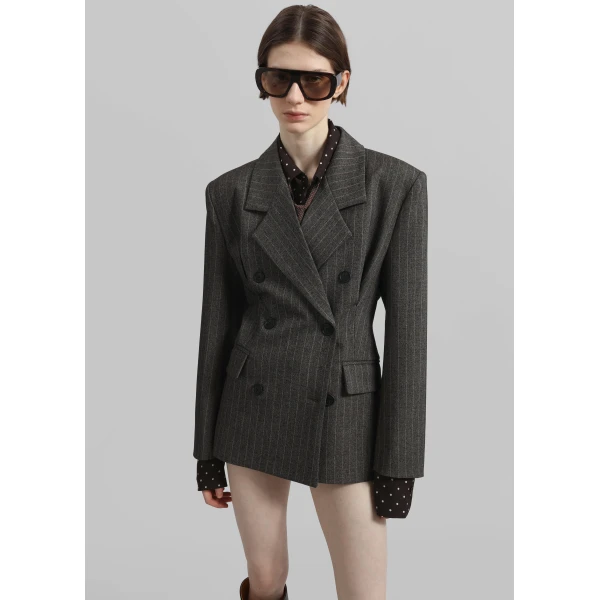 The Frankie Shop Tenby Striped Cinched Blazer - Brown Melange - Oversized Minimalist Jackets in Beige - Shop at Luxury Shoes 