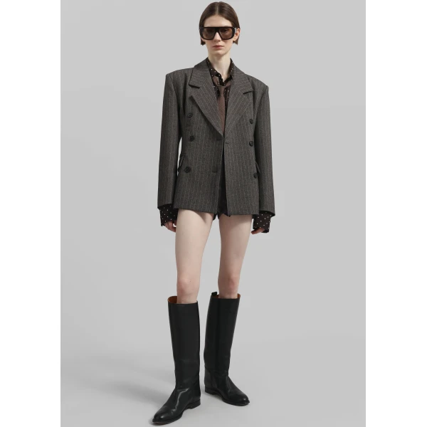 The Frankie Shop Tenby Striped Cinched Blazer - Brown Melange - Oversized Minimalist Jackets in Beige - Shop at Luxury Shoes 