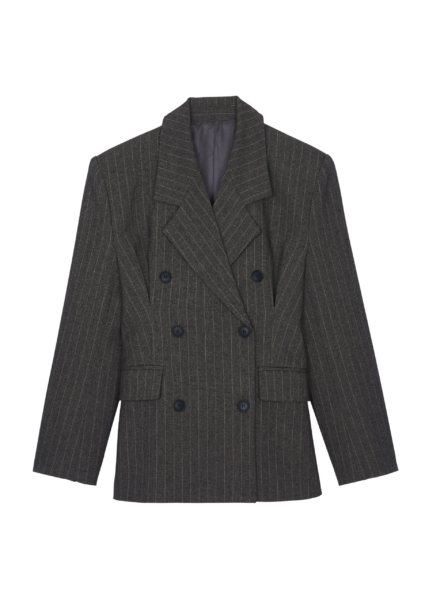 The Frankie Shop Tenby Striped Cinched Blazer - Brown Melange - Oversized Minimalist Jackets in Beige - Shop at Luxury Shoes 