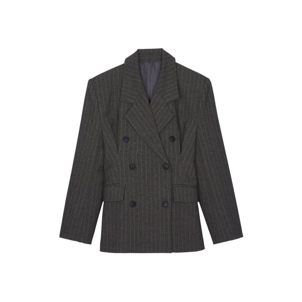 The Frankie Shop Tenby Striped Cinched Blazer - Brown Melange - Oversized Minimalist Jackets in Beige - Shop at Luxury Shoes 