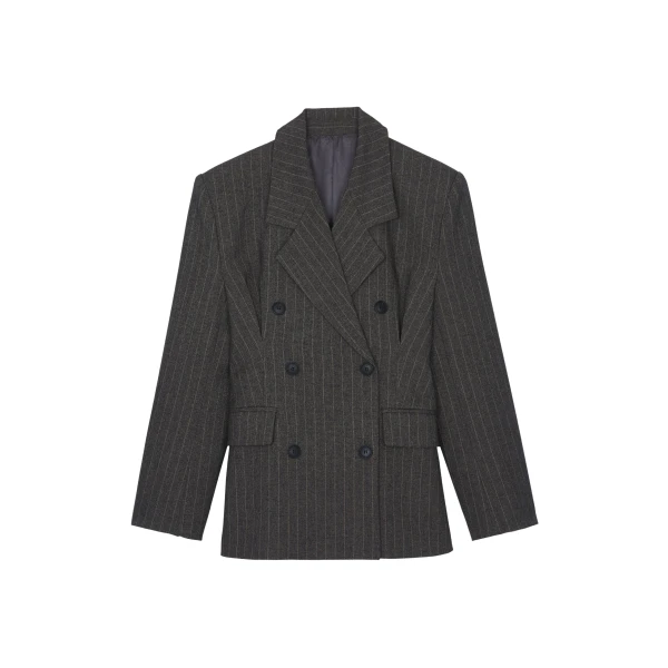The Frankie Shop Tenby Striped Cinched Blazer - Brown Melange - Oversized Minimalist Jackets in Beige - Shop at Luxury Shoes 