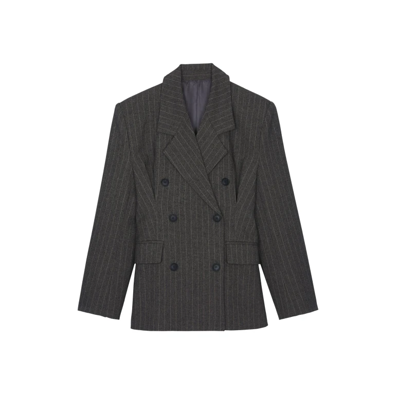 The Frankie Shop Tenby Striped Cinched Blazer - Brown Melange - Oversized Minimalist Jackets in Beige - Shop at Luxury Shoes 