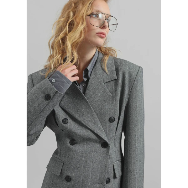 The Frankie Shop Tenby Striped Cinched Blazer - Grey Melange - Oversized Minimalist Jackets in Grey - Shop at Luxury Shoes 