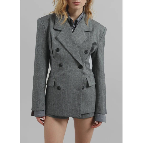 The Frankie Shop Tenby Striped Cinched Blazer - Grey Melange - Oversized Minimalist Jackets in Grey - Shop at Luxury Shoes 