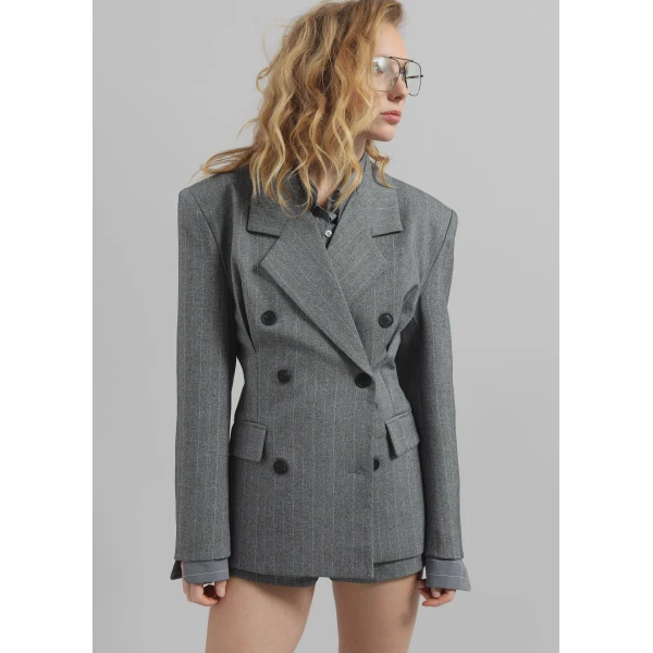 The Frankie Shop Tenby Striped Cinched Blazer - Grey Melange - Oversized Minimalist Jackets in Grey - Shop at Luxury Shoes 