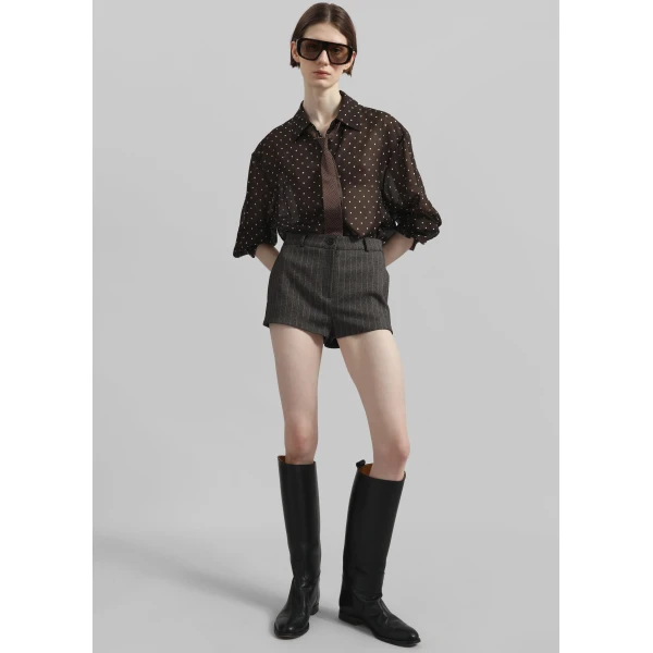 The Frankie Shop Tenby Striped Hot Pants - Brown Melange - Oversized Minimalist Shorts in Beige - Shop at Luxury Shoes 
