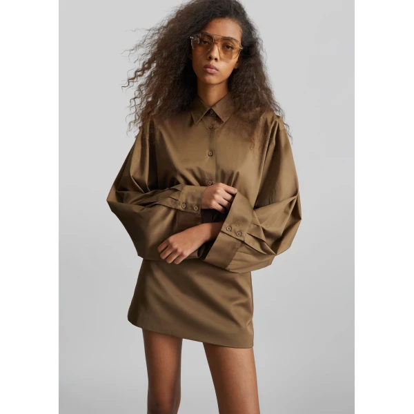 The Frankie Shop Tila Satin Wide Sleeve Shirt - Brown - Oversized Minimalist Tops in Beige - Shop at Luxury Shoes 