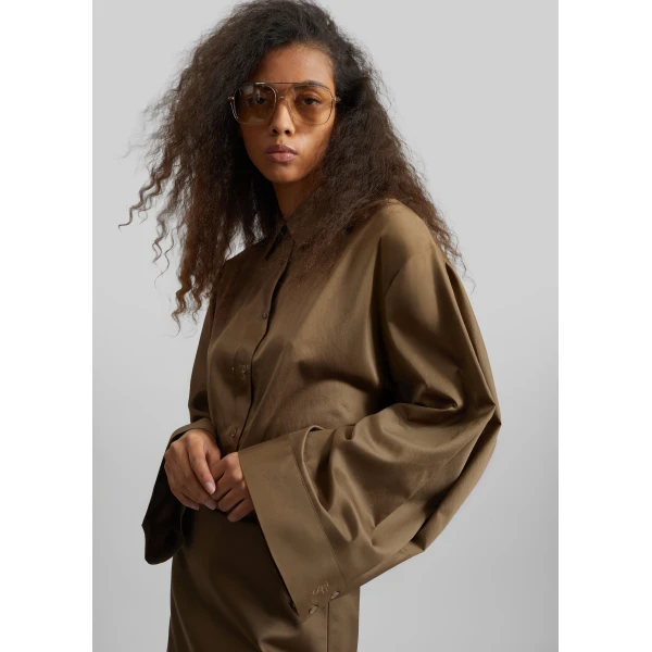 The Frankie Shop Tila Satin Wide Sleeve Shirt - Brown - Oversized Minimalist Tops in Beige - Shop at Luxury Shoes 