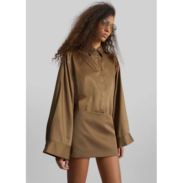 The Frankie Shop Tila Satin Wide Sleeve Shirt - Brown - Oversized Minimalist Tops in Beige - Shop at Luxury Shoes 