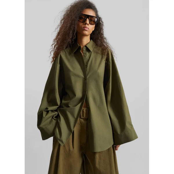The Frankie Shop Tila Wide Sleeve Shirt - Olive - Oversized Minimalist Tops in Green - Shop at Luxury Shoes 