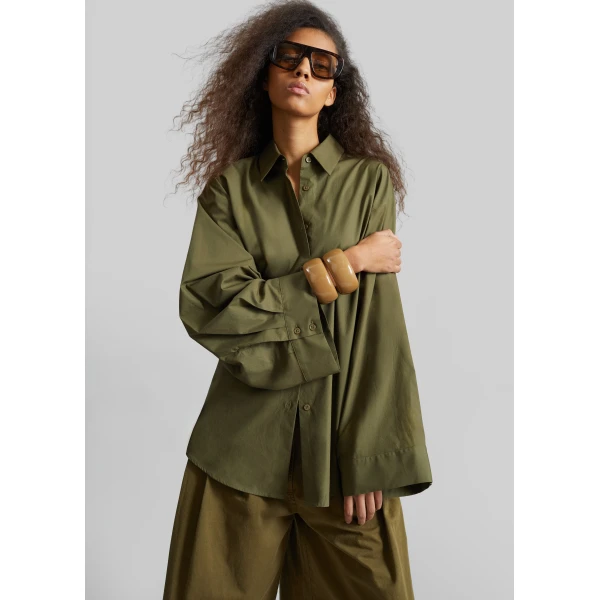 The Frankie Shop Tila Wide Sleeve Shirt - Olive - Oversized Minimalist Tops in Green - Shop at Luxury Shoes 