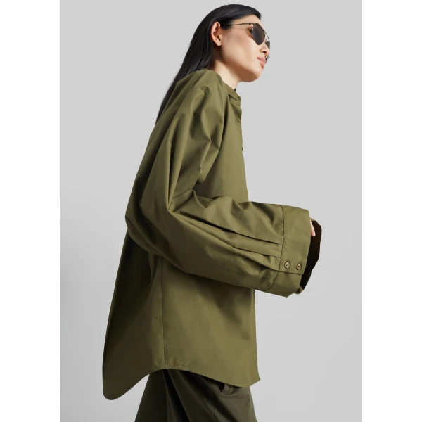 The Frankie Shop Tila Wide Sleeve Shirt - Olive - Oversized Minimalist Tops in Green - Shop at Luxury Shoes 