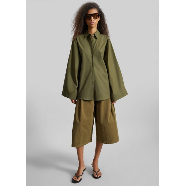 The Frankie Shop Tila Wide Sleeve Shirt - Olive - Oversized Minimalist Tops in Green - Shop at Luxury Shoes 