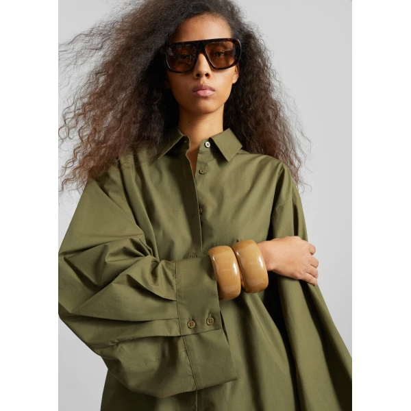 The Frankie Shop Tila Wide Sleeve Shirt - Olive - Oversized Minimalist Tops in Green - Shop at Luxury Shoes 