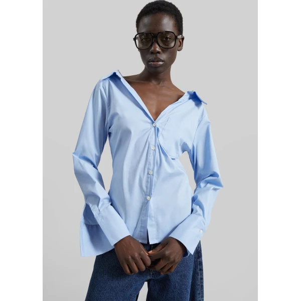 The Frankie Shop Tiona Fitted Shirt - Light Blue - Oversized Minimalist Tops in Blue - Shop at Luxury Shoes 
