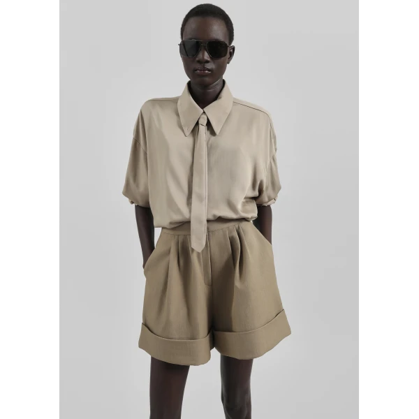The Frankie Shop Tolmer Cuffed Shorts - Taupe Melange - Oversized Minimalist Shorts in Beige - Shop at Luxury Shoes 