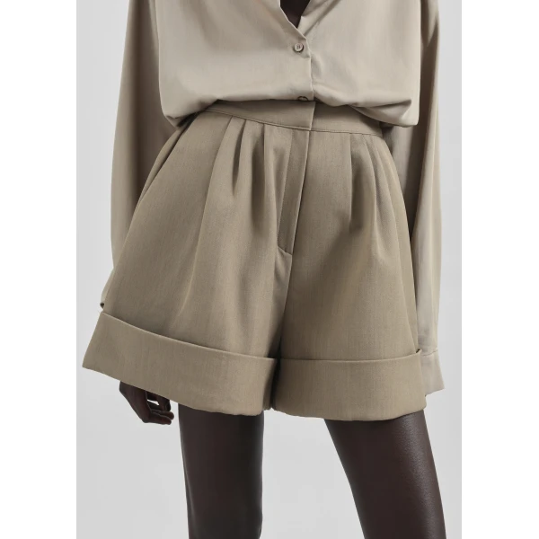 The Frankie Shop Tolmer Cuffed Shorts - Taupe Melange - Oversized Minimalist Shorts in Beige - Shop at Luxury Shoes 