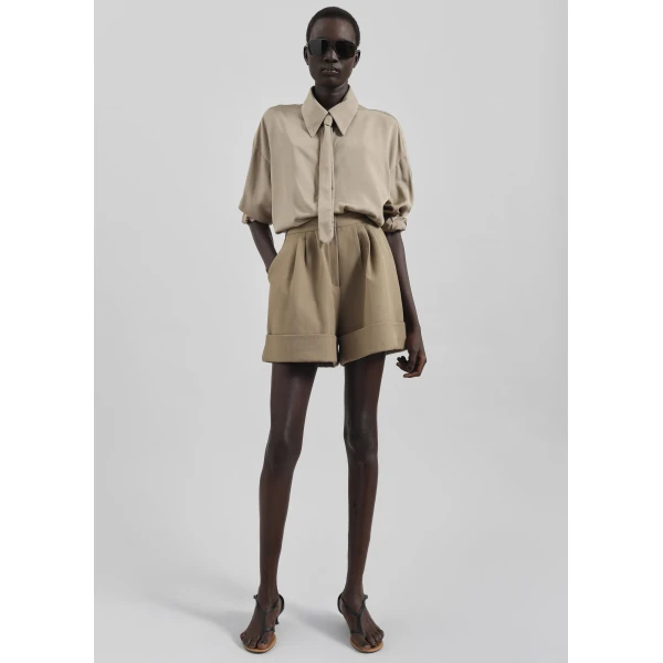 The Frankie Shop Tolmer Cuffed Shorts - Taupe Melange - Oversized Minimalist Shorts in Beige - Shop at Luxury Shoes 