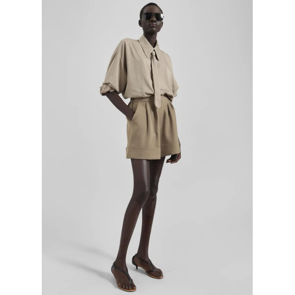 The Frankie Shop Tolmer Cuffed Shorts - Taupe Melange - Oversized Minimalist Shorts in Beige - Shop at Luxury Shoes 