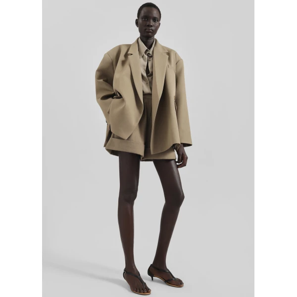 The Frankie Shop Tolmer Cuffed Shorts - Taupe Melange - Oversized Minimalist Shorts in Beige - Shop at Luxury Shoes 