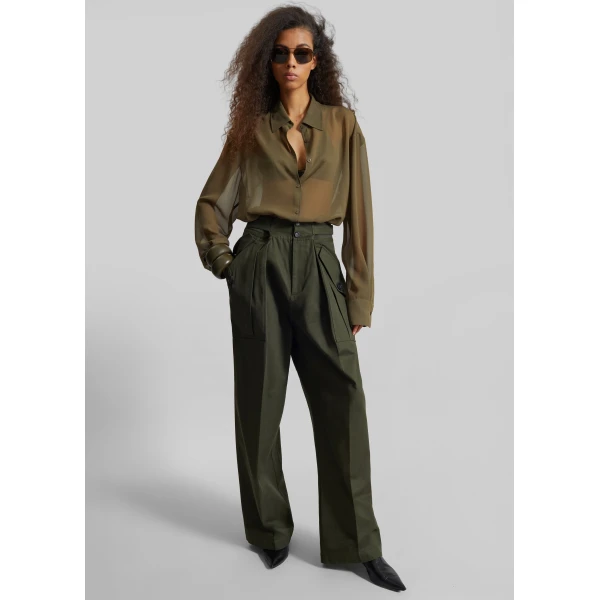 The Frankie Shop Tova Cargo Pants - Deep Green - Oversized Minimalist Pants in Green - Shop at Luxury Shoes 