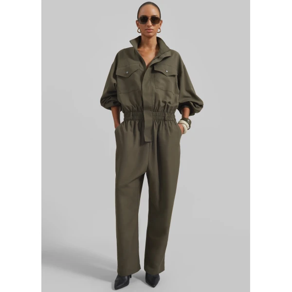 The Frankie Shop Tropez Jumpsuit - Khaki - Oversized Minimalist Jumpsuit in Green - Shop at Luxury Shoes 