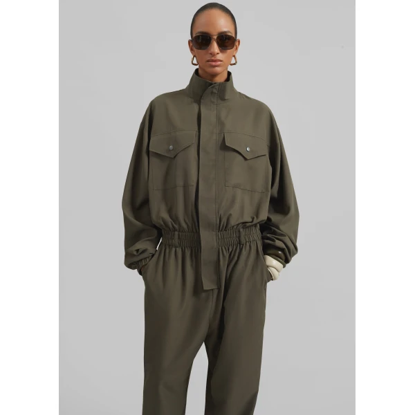 The Frankie Shop Tropez Jumpsuit - Khaki - Oversized Minimalist Jumpsuit in Green - Shop at Luxury Shoes 