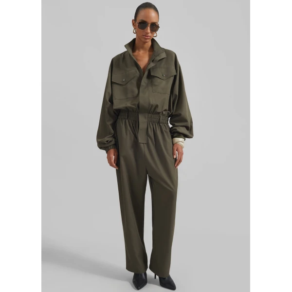 The Frankie Shop Tropez Jumpsuit - Khaki - Oversized Minimalist Jumpsuit in Green - Shop at Luxury Shoes 