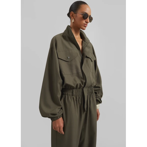 The Frankie Shop Tropez Jumpsuit - Khaki - Oversized Minimalist Jumpsuit in Green - Shop at Luxury Shoes 