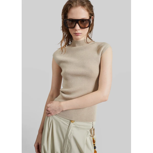 The Frankie Shop Troyes Knit Top - Beige - Oversized Minimalist Tops in Beige - Shop at Luxury Shoes 