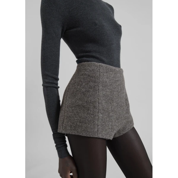 The Frankie Shop Vail Brushed Wool Hot Pants - Grey Melange - Oversized Minimalist Shorts in Grey - Shop at Luxury Shoes 