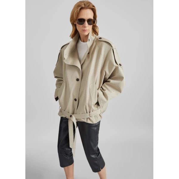 The Frankie Shop Vallby Belted Short Trench - Beige - Oversized Minimalist Coats in Beige - Shop at Luxury Shoes 