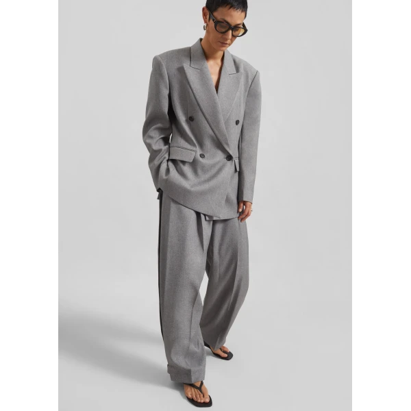 The Frankie Shop Vallsta Double-Breasted Blazer - Grey Melange - Oversized Minimalist Jackets in Grey - Shop at Luxury Shoes 