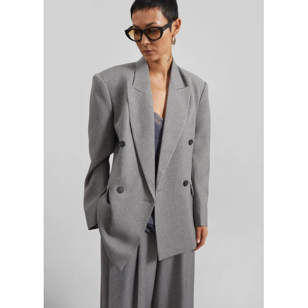 The Frankie Shop Vallsta Double-Breasted Blazer - Grey Melange - Oversized Minimalist Jackets in Grey - Shop at Luxury Shoes 