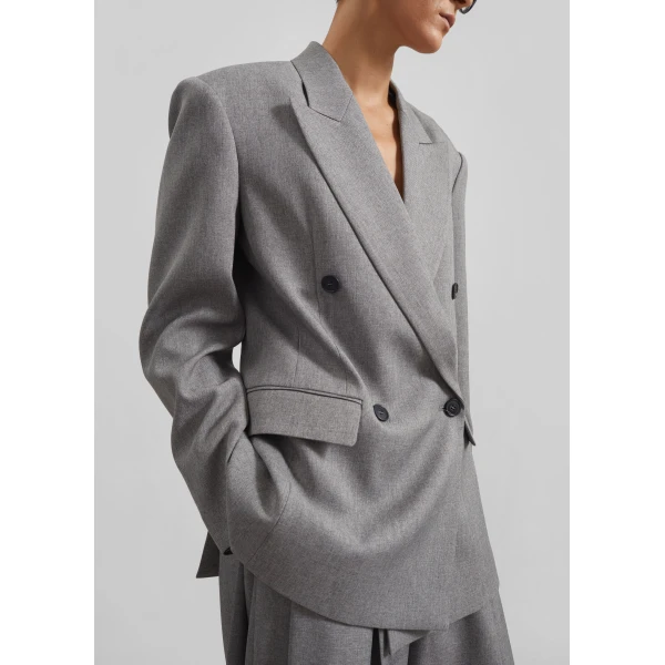 The Frankie Shop Vallsta Double-Breasted Blazer - Grey Melange - Oversized Minimalist Jackets in Grey - Shop at Luxury Shoes 