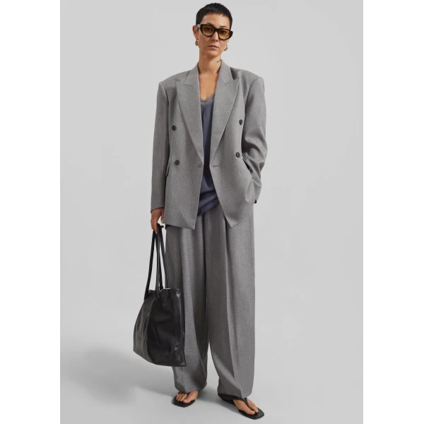 The Frankie Shop Vallsta Double-Breasted Blazer - Grey Melange - Oversized Minimalist Jackets in Grey - Shop at Luxury Shoes 