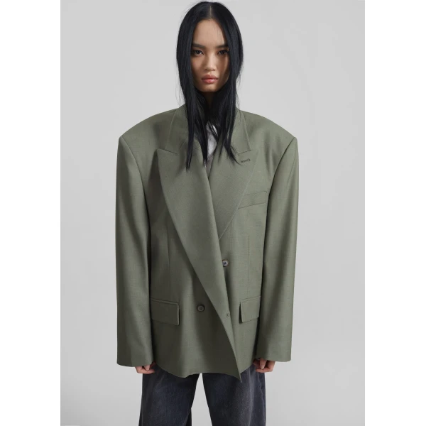 The Frankie Shop Valter Oversized Blazer - Pale Olive - Oversized Minimalist Jackets in Green - Shop at Luxury Shoes 