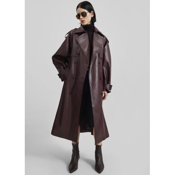 The Frankie Shop Vandve Faux Leather Trench - Burgundy - Oversized Minimalist Coats in Red - Shop at Luxury Shoes 