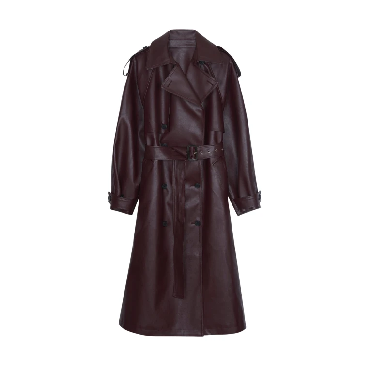 The Frankie Shop Vandve Faux Leather Trench - Burgundy - Oversized Minimalist Coats in Red - Shop at Luxury Shoes 