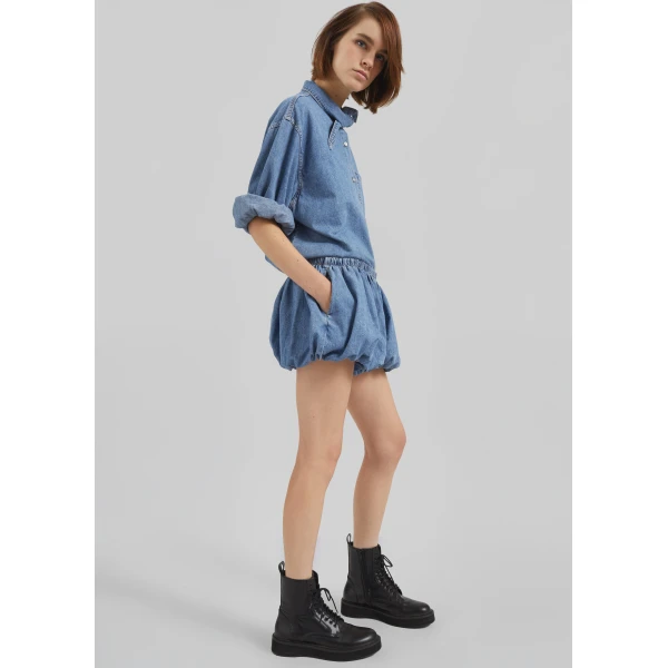 The Frankie Shop Varzy Denim Bubble-Hem Shorts - Medium Wash - Oversized Minimalist Shorts in Grey - Shop at Luxury Shoes 