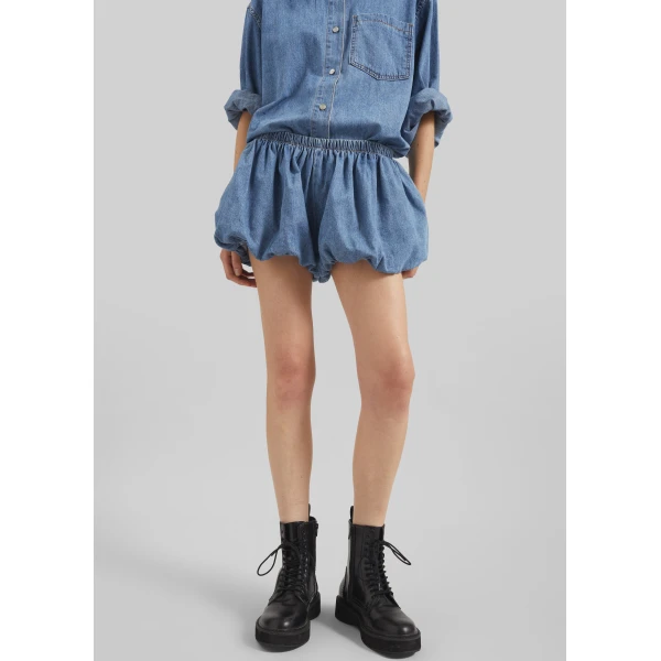 The Frankie Shop Varzy Denim Bubble-Hem Shorts - Medium Wash - Oversized Minimalist Shorts in Grey - Shop at Luxury Shoes 
