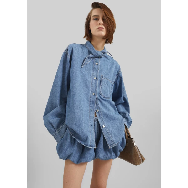 The Frankie Shop Varzy Denim Bubble-Hem Shorts - Medium Wash - Oversized Minimalist Shorts in Grey - Shop at Luxury Shoes 