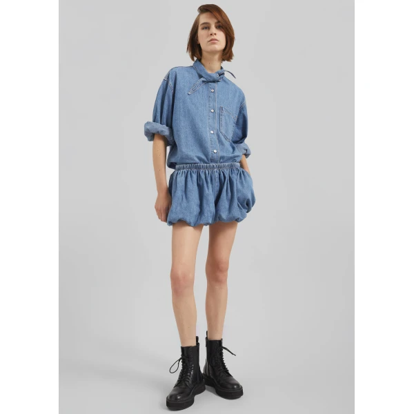 The Frankie Shop Varzy Denim Bubble-Hem Shorts - Medium Wash - Oversized Minimalist Shorts in Grey - Shop at Luxury Shoes 
