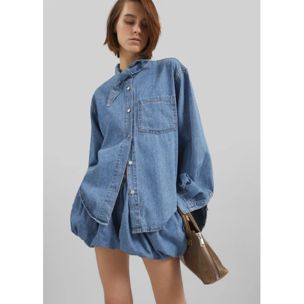 The Frankie Shop Varzy Denim Bubble-Hem Shorts - Medium Wash - Oversized Minimalist Shorts in Grey - Shop at Luxury Shoes 