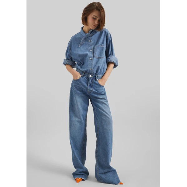 The Frankie Shop Varzy Denim Shirt - Medium Wash - Oversized Minimalist Tops in Grey - Shop at Luxury Shoes 