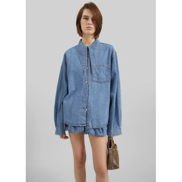 The Frankie Shop Varzy Denim Shirt - Medium Wash - Oversized Minimalist Tops in Grey - Shop at Luxury Shoes 