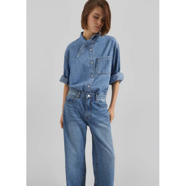 The Frankie Shop Varzy Denim Shirt - Medium Wash - Oversized Minimalist Tops in Grey - Shop at Luxury Shoes 