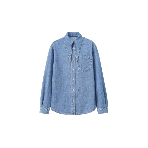 The Frankie Shop Varzy Denim Shirt - Medium Wash - Oversized Minimalist Tops in Grey - Shop at Luxury Shoes 