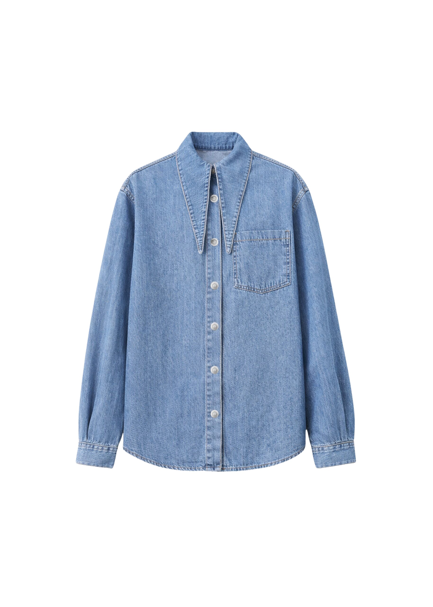 The Frankie Shop Varzy Denim Shirt - Medium Wash - Oversized Minimalist Tops in Grey - Shop at Luxury Shoes 